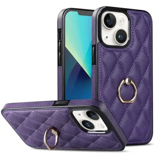 Funda de Cuero Rhombic para iPhone 13 Mini con Soporte para Anillo (Púrpura)