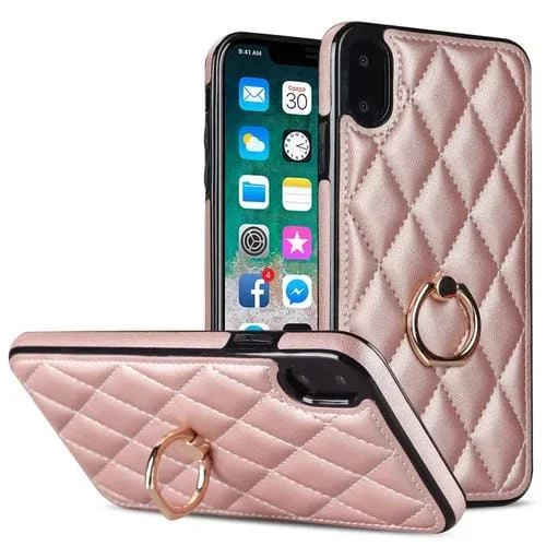 Funda de Cuero Rhombic para iPhone Xs Max con Soporte para Anillo (Oro Rosa)