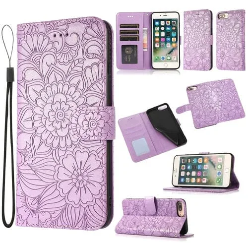 Funda de Cuero Siente la Piel Girasol En Relieve Horizontal con Soporte y Ranuras para Tarjetas y Billetera para iPhone 6 Plus / 6S Plus (Purple)