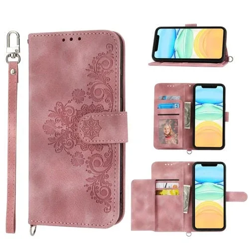 Funda de cuero Skin-Feel Flowers para iPhone 12 Mini con billetera en relieve (Rosa)