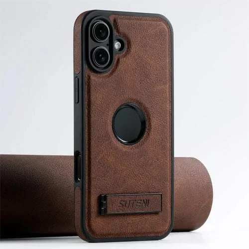 Funda de Cuero Suteni G2 con Textura de Lichi y Soporte para iPhone 16 Plus (Marrón)