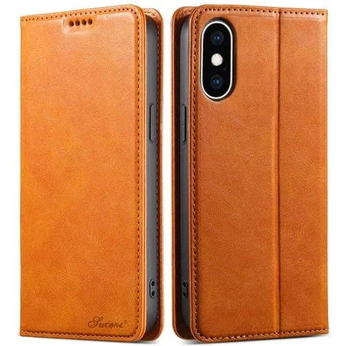 Funda de Cuero Suteni J02 para iPhone X y Xs con Billetera y Cera de Aceite (Caqui)