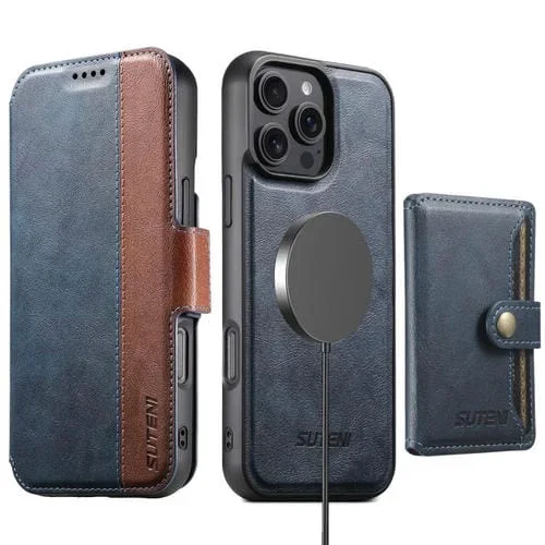 Funda de cuero Suteni Q07S1 3 en 1 con cierre magnético y billetera desmontable para iPhone 16 Pro Max (azul)