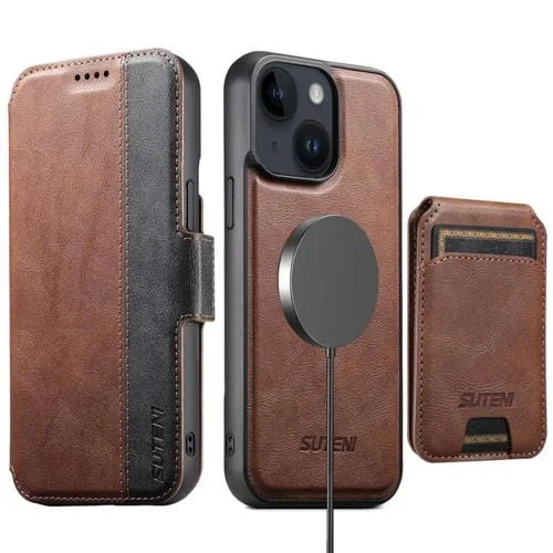Funda de cuero Suteni Q07S2 3 en 1 con tapa vertical desmontable y cierre MagSafe para iPhone 13 (marrón)