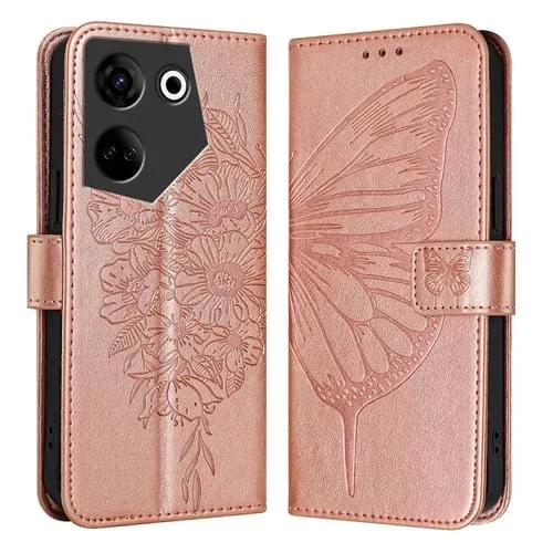 Funda de Cuero Tecno Camon 20/20 Pro 4G con Mariposa en Relieve (Oro Rosa)