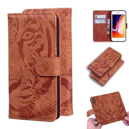 Funda de Cuero Tiger Embossing para iPhone 8 Plus y 7 Plus con Tapa Horizontal, Soporte, Ranuras para Tarjetas y Billetera (Marrón)