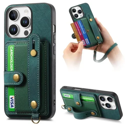 Funda de Cuero Tipo Billetera con Correa Cruzada Retro para iPhone 16 Pro Max (Verde)