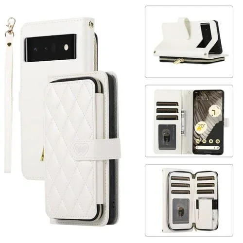 Funda de Cuero Tipo Billetera con Cremallera Completa y Diseño Rombal para Google Pixel 6 Pro (Blanca)