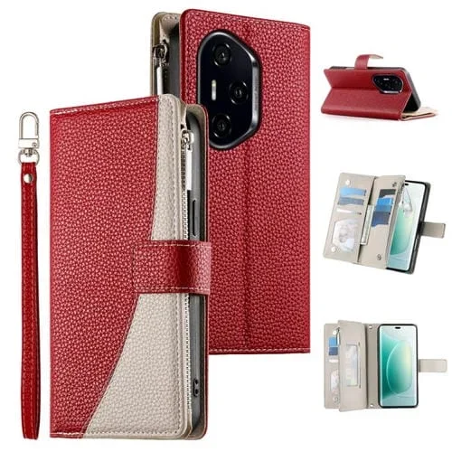 Funda de cuero tipo billetera con cremallera y múltiples tarjetas, con costuras y correa corta para Honor 300 Pro/Honor 300 Ultra (roja)