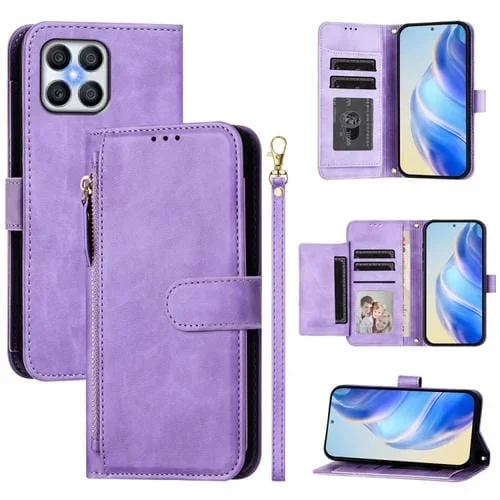 Funda de Cuero Tipo Billetera con Cremallera y Ranuras para Honor X8 4G / X30I / Play6T Pro (Morado)