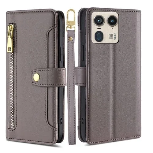 Funda de Cuero Tipo Billetera con Cremallera y Textura de Oveja para Motorola Edge 50 Ultra (Gris)