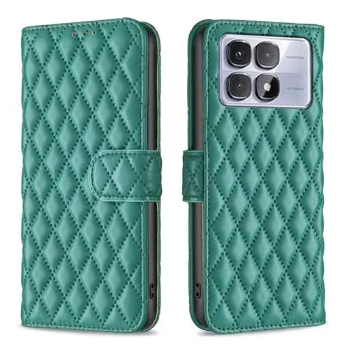 Funda de Cuero Tipo Billetera con Tapa y Diseño de Celosía En Forma de Diamante para Redmi K70 Ultra (Verde)