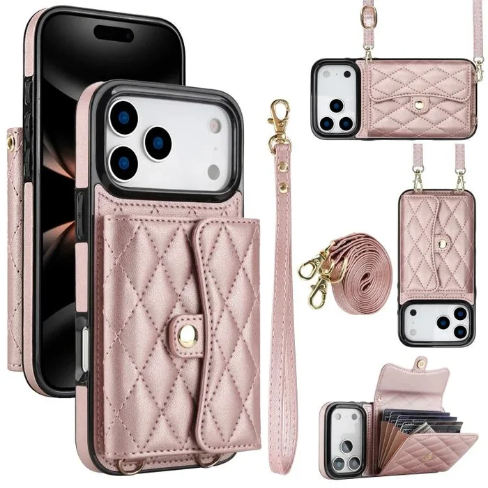Funda de cuero tipo cartera horizontal con diseño rómbico y bandolera para iPhone 17 Pro (oro rosa)