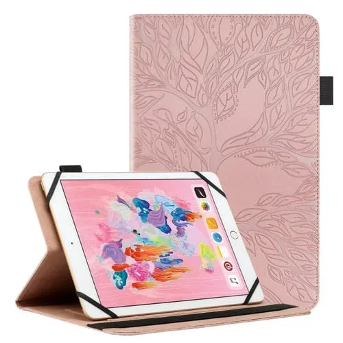 Funda de Cuero Universal para Tablet 10 Pulgadas con Diseño Árbol de la Vida (Oro Rosa)