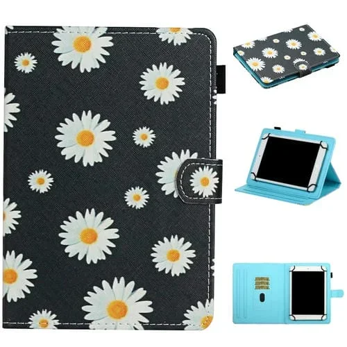 Funda de Cuero Universal para Tablet 10 Pulgadas con Tapa Horizontal, Diseño Margaritas Pequeñas, Ranuras para Tarjetas y Soporte