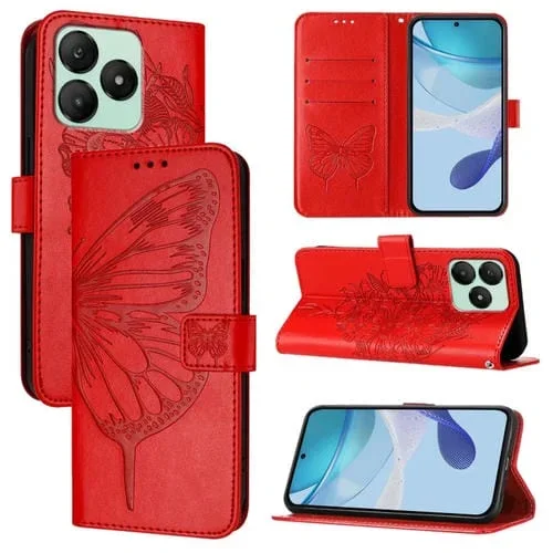 Funda de Cuero Wiko T20 Diseño Mariposa En Relieve (Rojo)