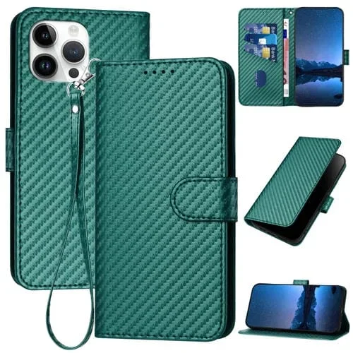 Funda de Cuero Yx0070 para iPhone 13 Pro Max con Hebilla de Fibra de Carbono y Cordón (Verde Oscuro)
