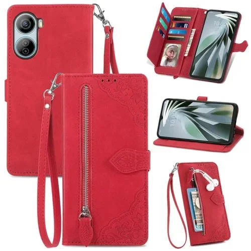Funda de Cuero ZTE Libero 5G Iv con Cremallera y Flor En Relieve (Rojo)