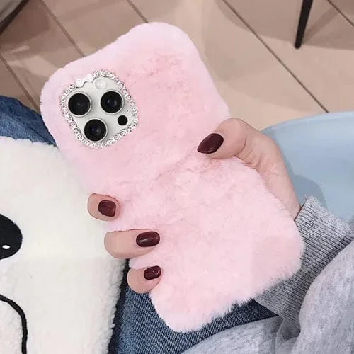 Funda de Felpa para iPhone 12 Pro con Anillo de Lente de Diamante (Rosa)