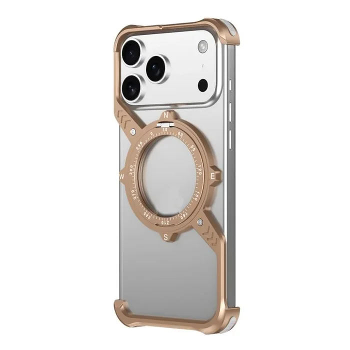 Funda de metal MagSafe sin marco para iPhone 17 Pro, con soporte 360°, forma de S, airbag (dorado desierto)