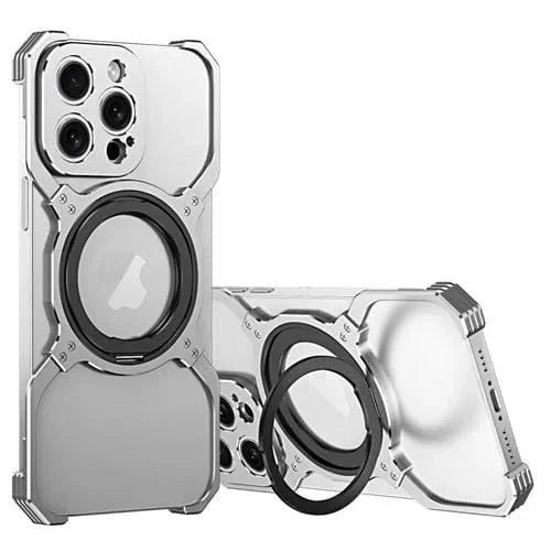 Funda de Metal para iPhone 16 Pro Max con Soporte Magsafe sin Bordes y Brazo Mecánico (Plateada)