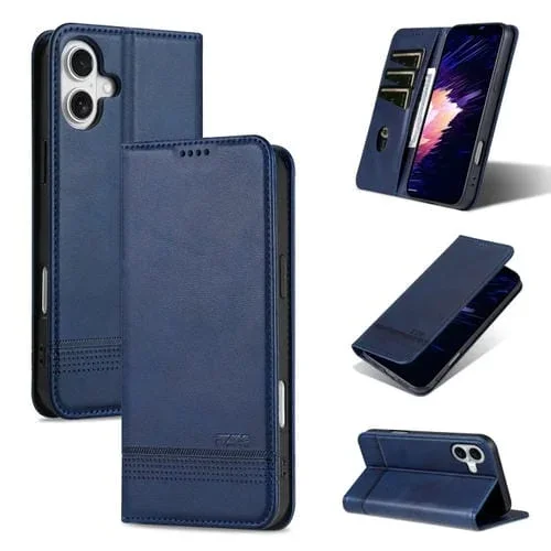 Funda de Piel Azns con Tapa Magnética Textura Piel de Becerro para iPhone 16 Plus (Azul Oscuro)