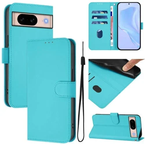 Funda de Piel con Cordón para Google Pixel 8A (Azul Lago) Diseño Liso y Tacto Agradable