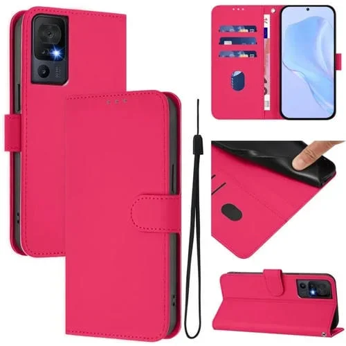 Funda de Piel con Cordón para Teléfono TCL 40 Se con Tacto de Piel (Rosa Rojo)