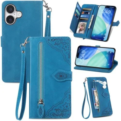 Funda de piel con cremallera y diseño floral en relieve para iPhone 17 (azul)