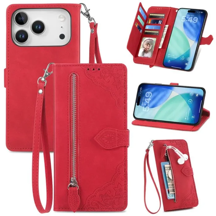 Funda de piel con cremallera y diseño floral en relieve para iPhone 17 Pro Max (roja)