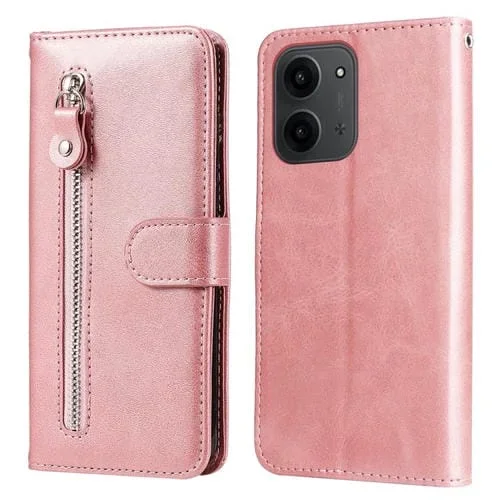 Funda de piel con cremallera y textura de becerro para Redmi 15C 4G (173,1 mm) / Redmi 15C 5G (173,1 mm) (oro rosa)