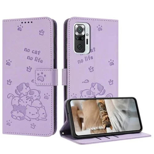 Funda de Piel con Diseño de Gatito En Relieve para Redmi Note 10 Pro con Cordón (Morado)