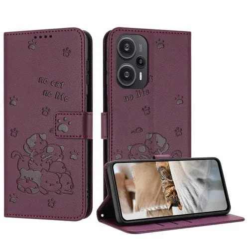 Funda de Piel con Diseño de Gatito En Relieve para Redmi Note 12 Turbo con Cordón (Rojo Vino)