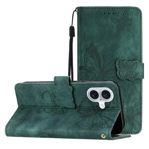 Funda de Piel con Relieve de Mariposa para iPhone 16 (Verde)