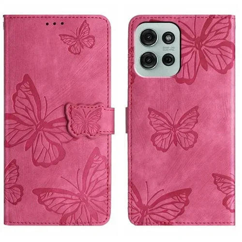 Funda de Piel con Relieve de Mariposa para Motorola Moto G75 (Rosa Rojo)