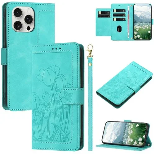 Funda de Piel con Relieve de Tulipanes para iPhone 15 Pro con Cordón (Verde)