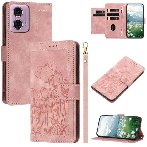 Funda de Piel con Relieve de Tulipanes para Motorola Edge 5G (2024) con Cordón (Rosa)