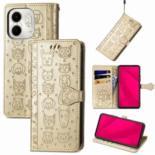 Funda de Piel con Relieve Gato y Perro para Teléfono Infinix Smart 9 (Dorada)