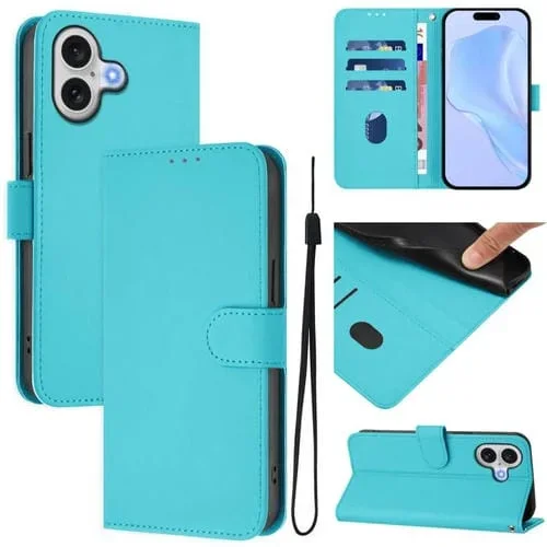 Funda de piel con tacto suave y color liso para iPhone 17 con cordón (azul lago)