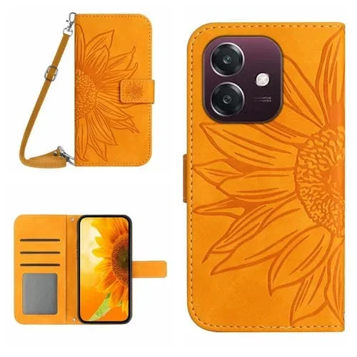 Funda de Piel con Tapa para Teléfono Oppo A3X con Diseño de Girasol En Relieve y Tacto de Piel de India, con Cordón (Amarillo)