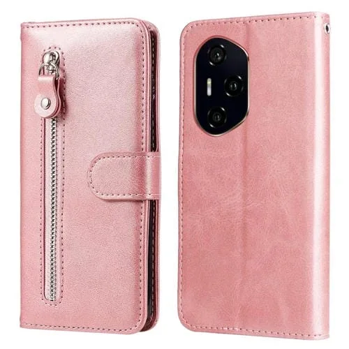 Funda de Piel con Textura de Becerro y Cremallera para Honor 300 Pro (Oro Rosa)