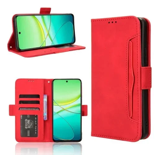 Funda de Piel con Textura de Becerro y Ranuras para Tarjetas para Vivo Y58 5G (Roja)