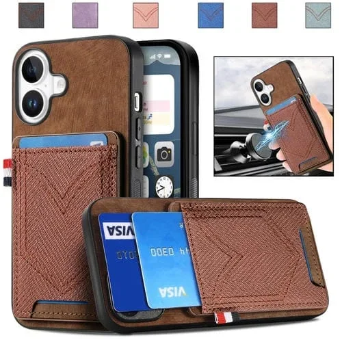 Funda de Piel con Textura Vaquera para iPhone 16 Plus con Ranura para Tarjetas (Marrón)