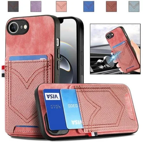 Funda de piel con textura vaquera para iPhone 16E con ranura para tarjetas (Rosa)