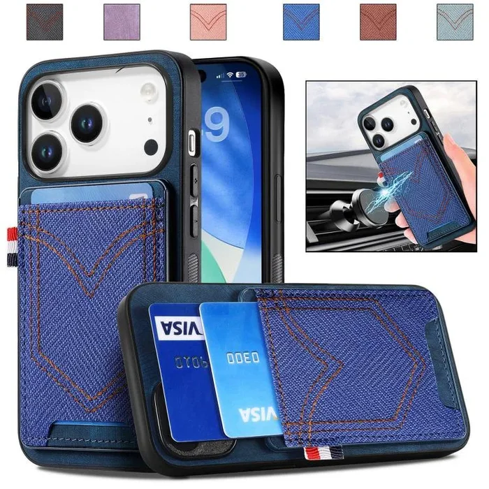 Funda de piel con textura vaquera para iPhone 17 Pro con ranura para tarjetas (azul)