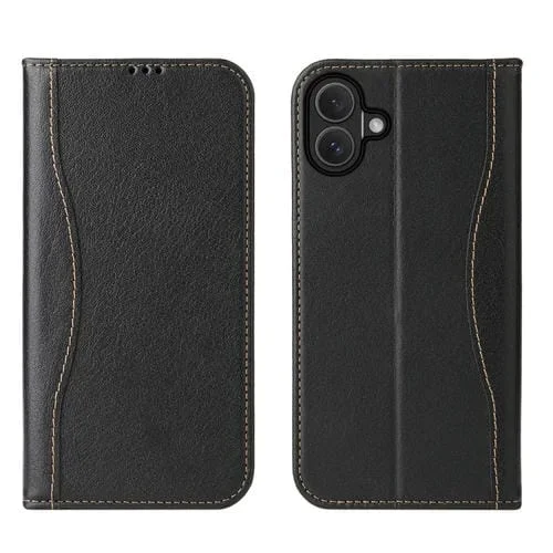 Funda de Piel de Vaca con Tapa Fierre Shann para iPhone 16 (Negra)