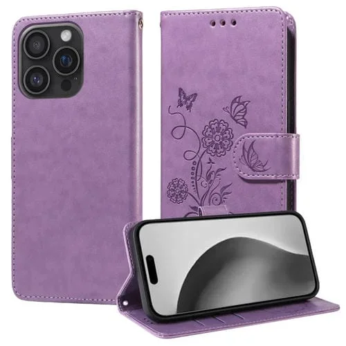 Funda de Piel iPhone 16 Pro Max Diseño Mariposas y Flores En Relieve (Morado)