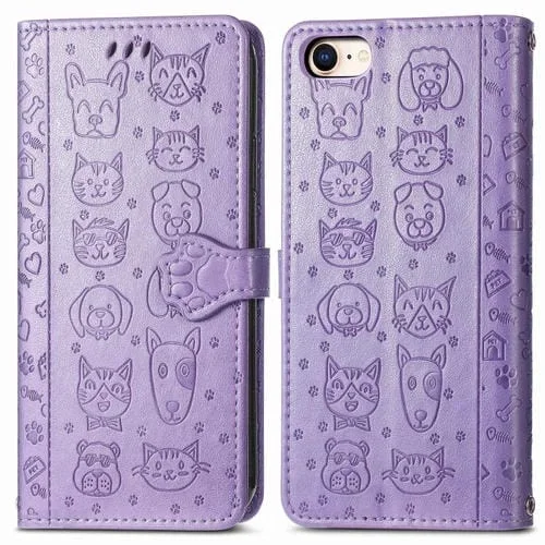 Funda de Piel iPhone 16E Relieve Gato y Perro (Morado)
