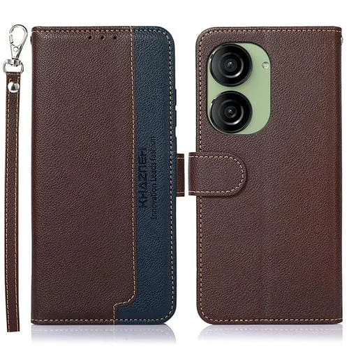 Funda de piel Khazneh para Asus Zenfone 10 y Zenfone 9 con textura Litchi y protección RFID (Marrón)