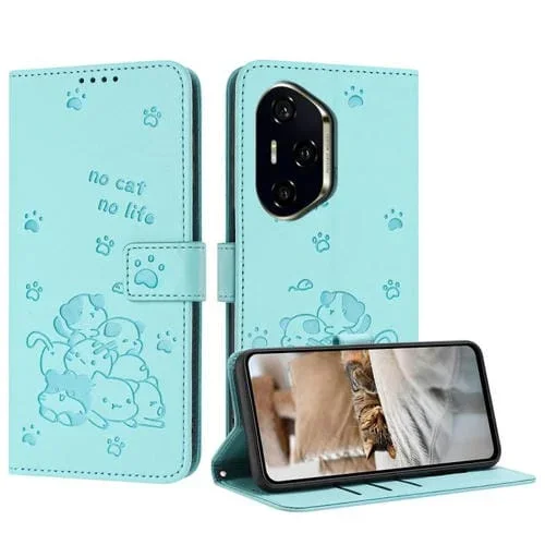 Funda de Piel para Honor 300 Pro con Diseño de Gatito en Relieve y Cordón (Verde Menta)